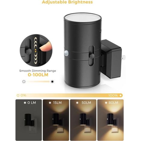 Lot de 2 veilleuses LED avec détecteur de mouvement – Prise murale, luminosité réglable 0–100 lm, lumière blanc chaud 3000K, capteur crépuscule à l’aube