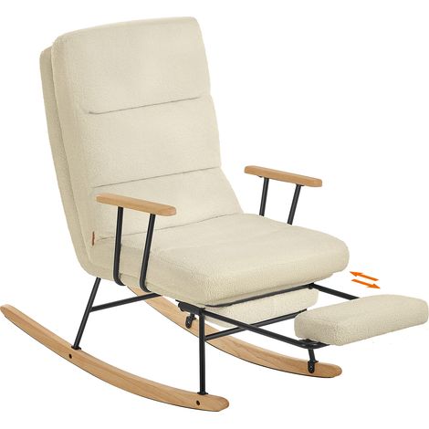 Fauteuil à bascule en bois d'hévéa – Dossier réglable 4 positions – Tissu peluche – Supporte jusqu'à 160 kg – Marron camel – Dimensions 97 x 67 x 100 cm