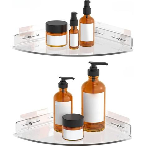 Lot de 2 étagères de douche d'angle en acrylique transparent, fixées au mur, avec adhésif, pour salle de bain, dortoir et toilettes. (1/5)