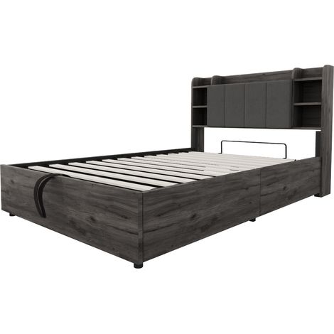 Cama matrimonial 140 x 200 cm de MDF gris con arcón hidráulico, USB y USB-C (1/5)