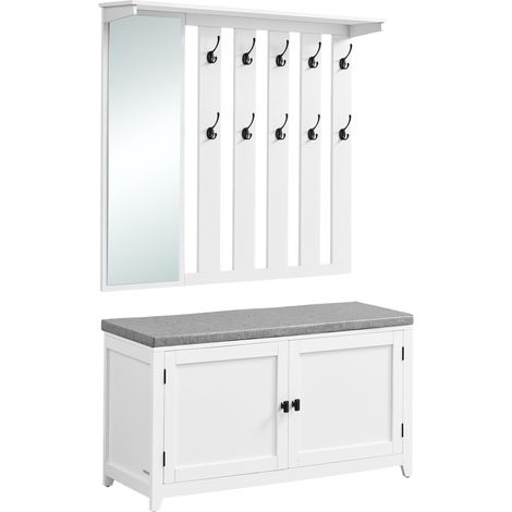 Vasagle – Ensemble de meubles d'entrée avec banc à chaussures – 10 crochets doubles – Miroir 84,8 x 26 cm – Largeur 102 cm – Blanc nuage