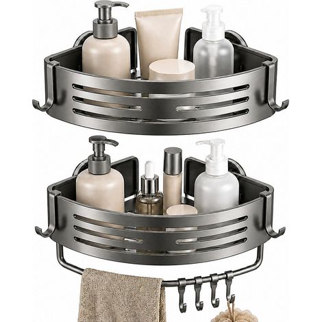 2 étagères d&aposangle pour douche, sans perçage, avec ventouses, en aluminium antirouille, porte-serviettes et 4 crochets, gris (1/5)