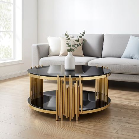 Table basse ronde 80x80x45 cm en verre trempé noir, double plateau, gain de place – MEUBLIV (1/5)