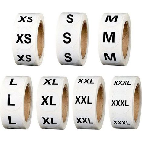 Etiquettes Vêtements - Adhésives 2,5 cm - Blanches - XS S M L XL XXL XXXL - Lot de 3500