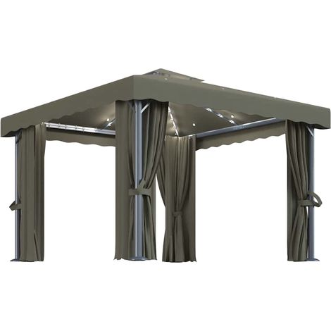 vidaXL Cenador con cortina y tira de luz LED aluminio taupé 3x3 m (1/2)