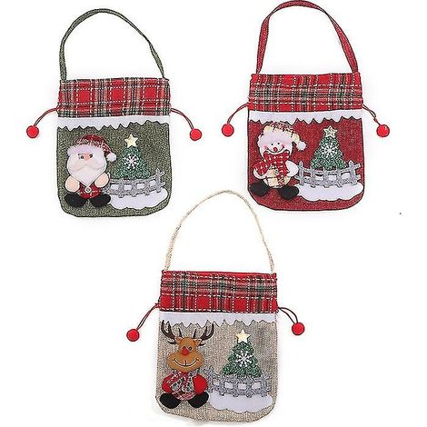Lot de 3 sacs de Noël en toile avec cordon de serrage B, pochette cadeau de Noël, pochette à bonbons, pochette à friandises f (1/5)