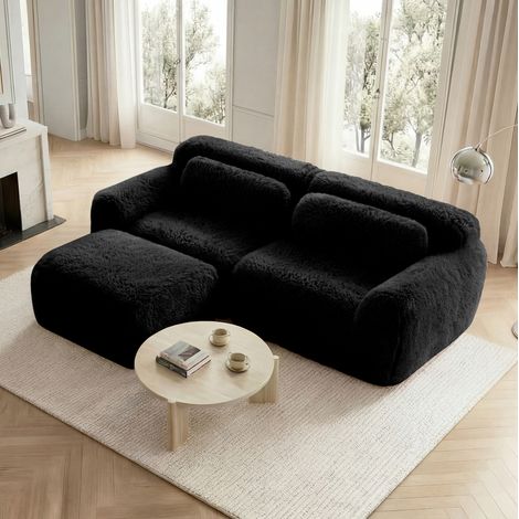 Divano modulare 2 posti in plush nero, configurazione a L o lineare, senza montaggio (1/5)