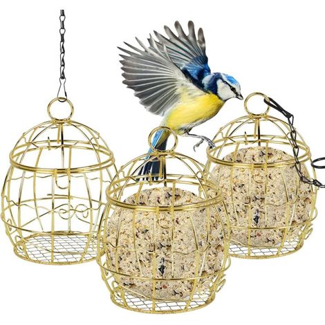 Or - Mangeoire à oiseaux, set de 3 mangeoires à oiseaux sphériques suspendues, mangeoire à oiseaux en métal résistante aux écureuils, mangeoire à oiseaux d'extérieur pour petits oiseaux sauvages (1/5)