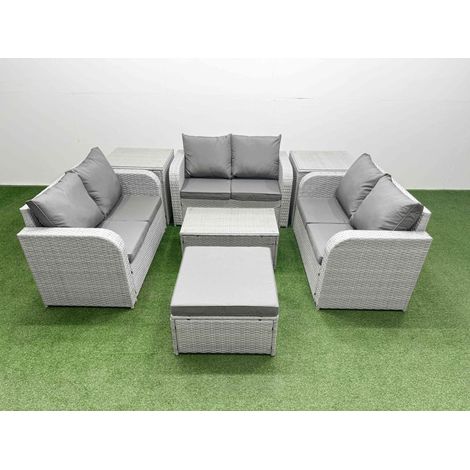 Fimous 8 Seater PE Wicker Rattan Furniture Sofa Sets with Rectangular Coffee Table 2 Seater Love Sofa 2 Stool Light Grey (1/4)