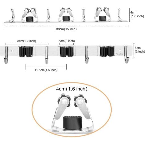 Porte-outils en acier inoxydable - porte-balai pour le mur, porte-balai auto-adhésif des outils de jardin (avec vis et bandes adhésives) - 3 supports et 4 crochets, noir (1/4)