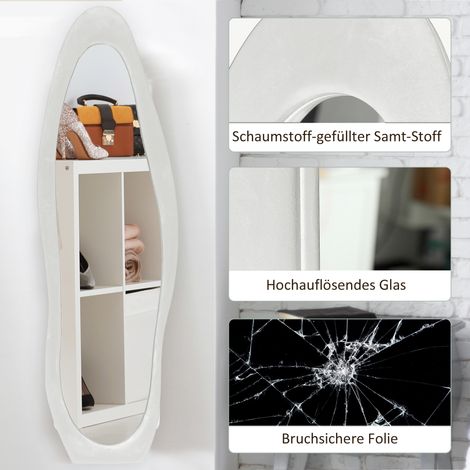 Miroir corps entier, forme ondulée, 160 x 50 cm, sur pied, cadre en velours, chambre, salon, blanc (1/5)