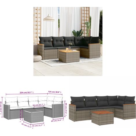 6-tlg. Garten-Sofagarnitur mit Kissen Grau Poly Rattan - Gartenmöbel - Esstischgarnituren - Lounge Möbel - Outdoor Furniture - Rattan Möbel - Home & Living (1/3)