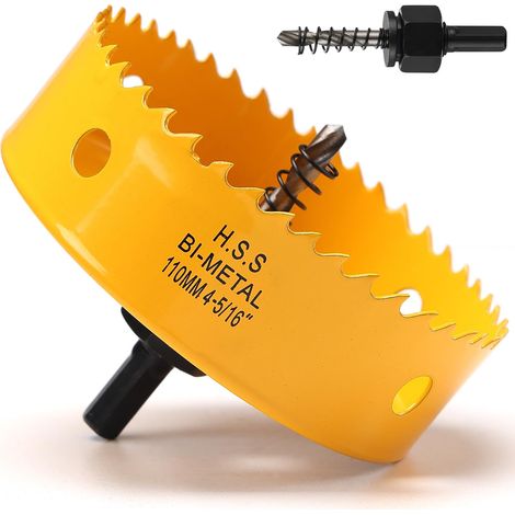 Scie cloche 110mm, Scie Trépan avec adaptateur hexagonal et embout central, Bi-métal HSS M42 scie cloche pour plastique, aluminium, plaques de plâtre, Jaune (1/5)