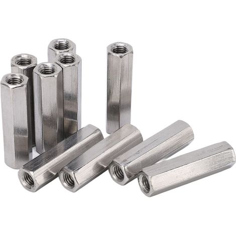 Juego de 10 tuercas de acoplamiento hexagonales, conector de fijación industrial en acero inoxidable 304 M8x1.25 13 L50mm -Crezuo