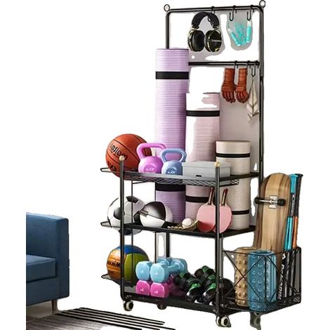 Estantería de almacenamiento, acero, 94,5 cm x 38 cm x 149 cm, soporta diversos equipos de gimnasio, diseño multinivel, incluye ganchos y cestas. (1/5)