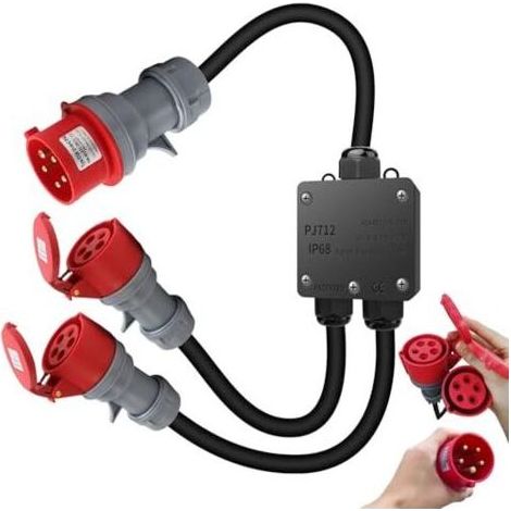 Adaptateur CEE robuste 32A vers 16A, câble rallonge CEE IP44-66, longueur totale 150cm, avec inverseur de phase robuste à 5 broches, pour utilisation en extérieur, chantier, atelier, industrie (1/5)