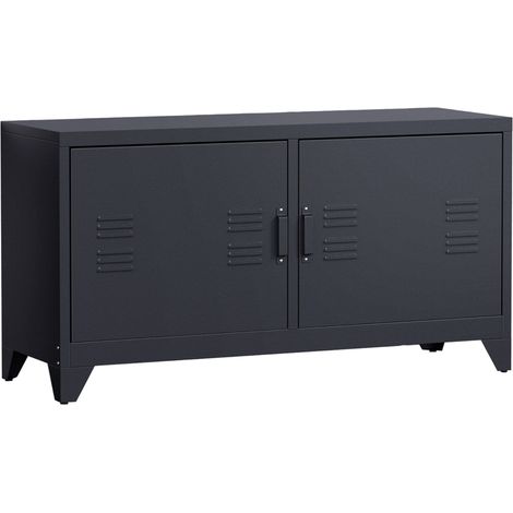 Meuble TV design industriel avec 2 placards et étagères réglables en acier noir passe-câbles moderne et fonctionnel (1/5)