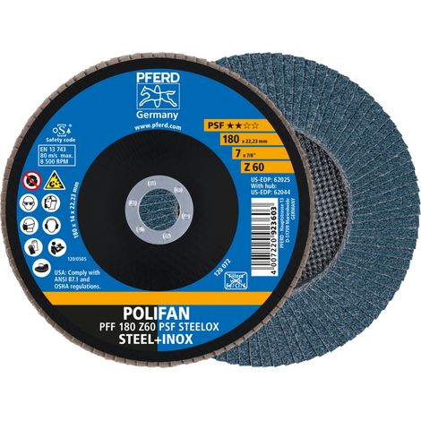 PFERD TOOLS POLIFAN Fächerscheibe PFF 180x22,23 mm flach Z60 Universallinie PSF STEELOX Stahl/Edelstahl 10 Stk