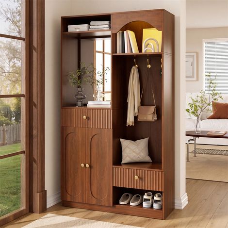 Vestiaire Garderobe d'Entrée avec Miroir et Banc - 100x35x180 cm - Meuble Chaussures Éléments Portemanteau LED - Noyer