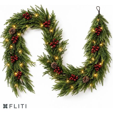 FLITI 100 cm PE-Weihnachtsgirlande mit warmweißen LEDs, flexible Lichterkette mit roten Beeren und Tannenzapfen zur Dekoration (1/5)