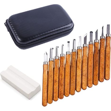 12-teiliges Schnitzmesserset + 1 Schleifstein + Messertasche für Holz, Obst, Gemüse, DIY-Schnitzarbeiten und Wachs (Länge 141 mm) (1/5)
