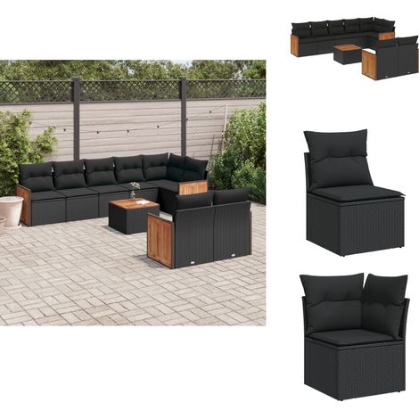 9-tlg. Garten-Sofagarnitur mit Kissen Schwarz Poly Rattan - Gartensorte - Gartenmöbelset - Lounge Set - Outdoor Möbel - Rattan Sessel (1/5)