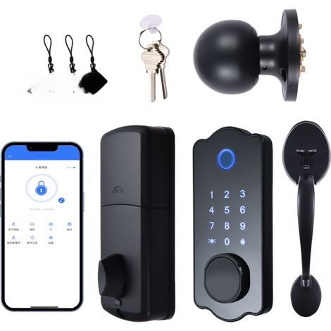 Cerradura inteligente para puerta, resistente al agua, 5 en 1, aplicación TTlock, tarjeta IC, 150 códigos, lector de huellas dactilares, con manilla (puerta principal).