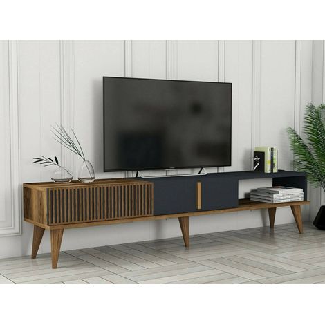 Dmora - Mobile porta TV Aquila, Credenza da soggiorno, Armadio basso per TV, Base parete attrezzata, 180x35h40 cm, Noce e Antracite, con imballo rinforzato, con imballo rinforzato (1/5)
