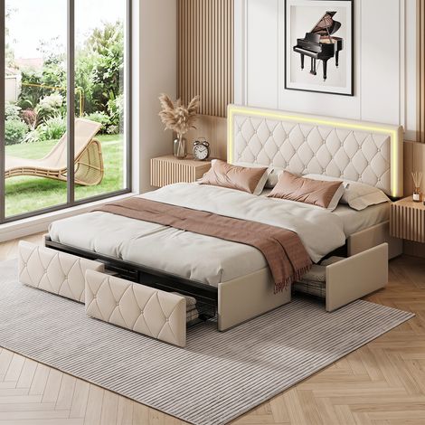 lit 160x200 avec rangement ,LED,lit double rembourré avec 4 tiroirs,lit 2 place avec sommier à lattes,PU, blanc (1/5)