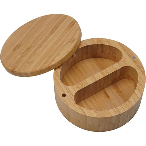 Boîte à épices en bois d'acacia avec couvercle rotatif Bois d'acacia massif, couvercle rotatif lisse, garde les épices fraîches, 12 cm de diamètre, design facile d'accès (1/5)