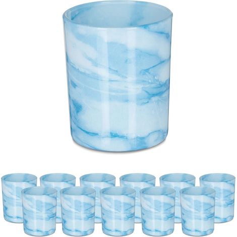 Lot de 12 photophores en Verre pour Bougies Chauffe-Plat, Design Simple, H x D : 8,5 x 7 cm, Bleu/crème (1/5)