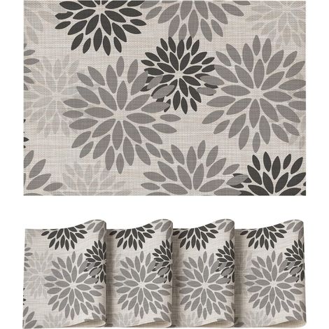 Lot de 4 sets de table PVC, motifs dahlias gris automne, 30x45cm, résistants taches et chaleur. (1/5)