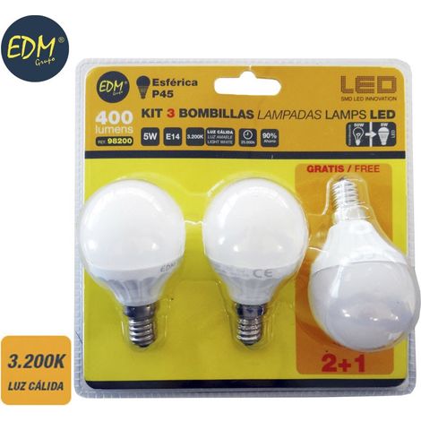 Set mit 3 E14 5W 400lm 3200K LED-Lampen - Warmes Licht - EDM - Art.-Nr. 98200