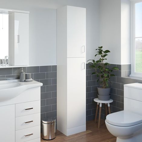 Bathroom Tall Unit Cabinet White Gloss Soft Close Door Floor Standing Modern (1/4)