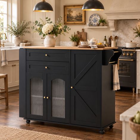 MODFU – Îlot cuisine mobile 110 cm panneaux particules – Plan rabattable et 2 tiroirs – Roulettes et charge 60 kg – Cuisine – Noir (1/5)