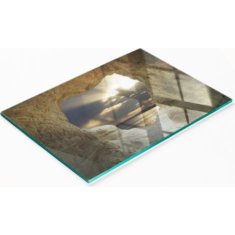 Tabla de servir de cristal para cocina con estampado de cueva marina, 80x52 cm.