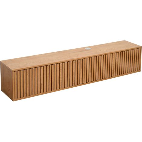 Oviala – Meuble TV suspendu 160 cm – 4 portes à lamelles – Panneau MDF imitation bois clair – Fixations murales incluses