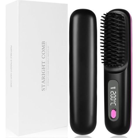(Schwarze) Haarglättungsbürste, tragbare kabellose Mini-Haarglättungsbürste mit Display und 3 einstellbaren Temperaturstufen, Schwarz (1/5)