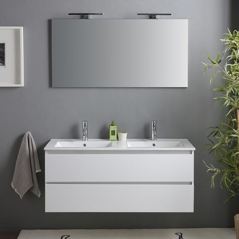 Kiamami Valentina – Meuble de salle de bain suspendu 120cm blanc brillant – Double lavabo en céramique – 2 tiroirs avec fermeture ralentie – Miroir 120x60 et 2 lampes — vue 2