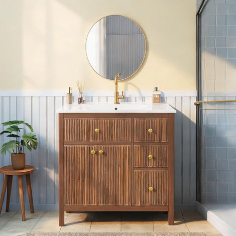 Meuble de salle de bain autoportant noyer avec lavabo céramique (1/5)