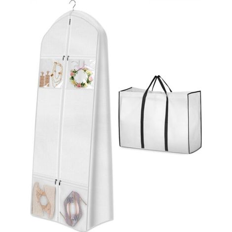 Sac de rangement portable pour robe de mariée avec sac fourre-tout pour robes longues, 4 poches, blanc (1/5)