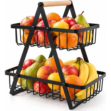 Relaxdays Obst Etagere, 2-stöckig, Metall, Holzgriff, HBT: 29 x 27 x 17 cm, eckige Obstschale, Gitter Obstkorb, schwarz (1/5)