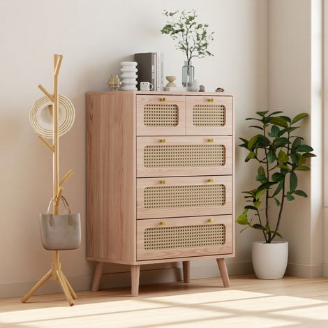 Cómoda de ratán con 5 cajones y sistema antivuelco para salón, comedor y pasillo, color madera.