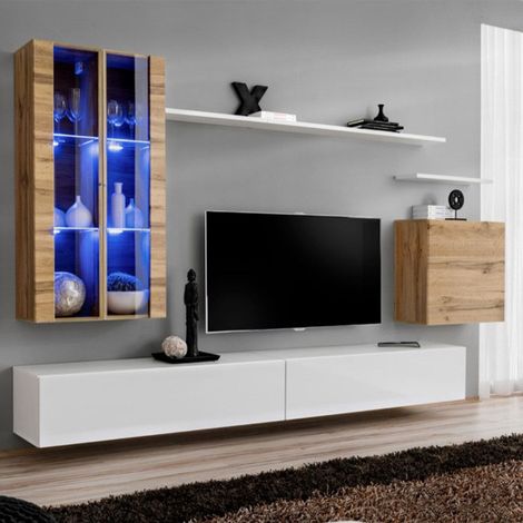Meuble TV Mural Design "Switch XII" 270cm Naturel & Blanc (1/4)