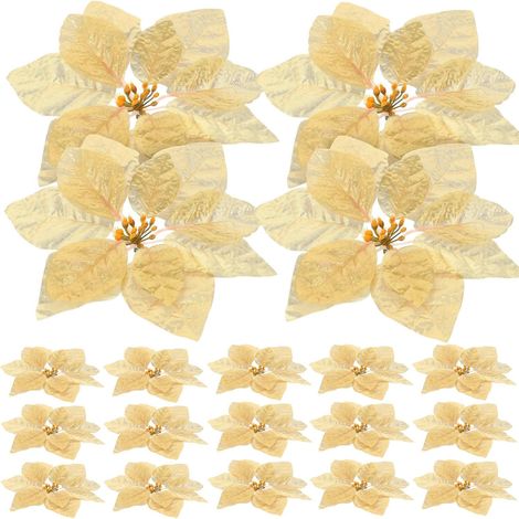 Lot de 28 Fleurs Artificielles de Poinsettia de Noël Dorées Scintillantes sans Tige Décorations de Fleurs de Noël pour Sapin Guirlandes Couronnes et Décorations Festives (1/5)