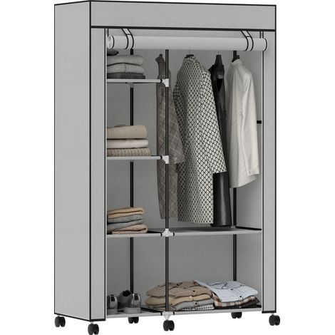 Armoire penderie en tissu meuble de rangement 6 roulettes tringle à vêtements et étagères ouvertes 103x43x162,5cm gris