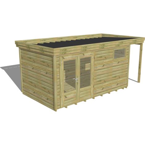 ABRI DE JARDIN bois Pin autoclave 27mm - 5,34x2,64m / 14,1m2 - Bac acier - Plancher bois