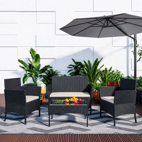 Xhomrattan Gartenmöbel-Set  Kunstharz in Rattanoptik  4-Personen  bestehend aus 2 Sesseln, 1 Sofa und 1 Tisch  Schwarz