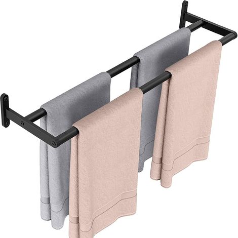 Double Barre Porte-Serviettes de Bain 60CM Porte Serviette à Deux Bras en Acier Inoxydable Support Serviette à Fixation Murale Range Serviettes pour Salle de Bain ou Cuisine, Noir (1/5)