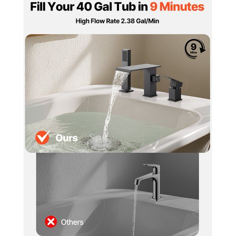 Mitigeur de Baignoire Romaine, Robinet de Bain à 3 Trous, Cascade, avec Pommeau de Douche et Une Poignée, Montage sur Pont, Options… (1/5)